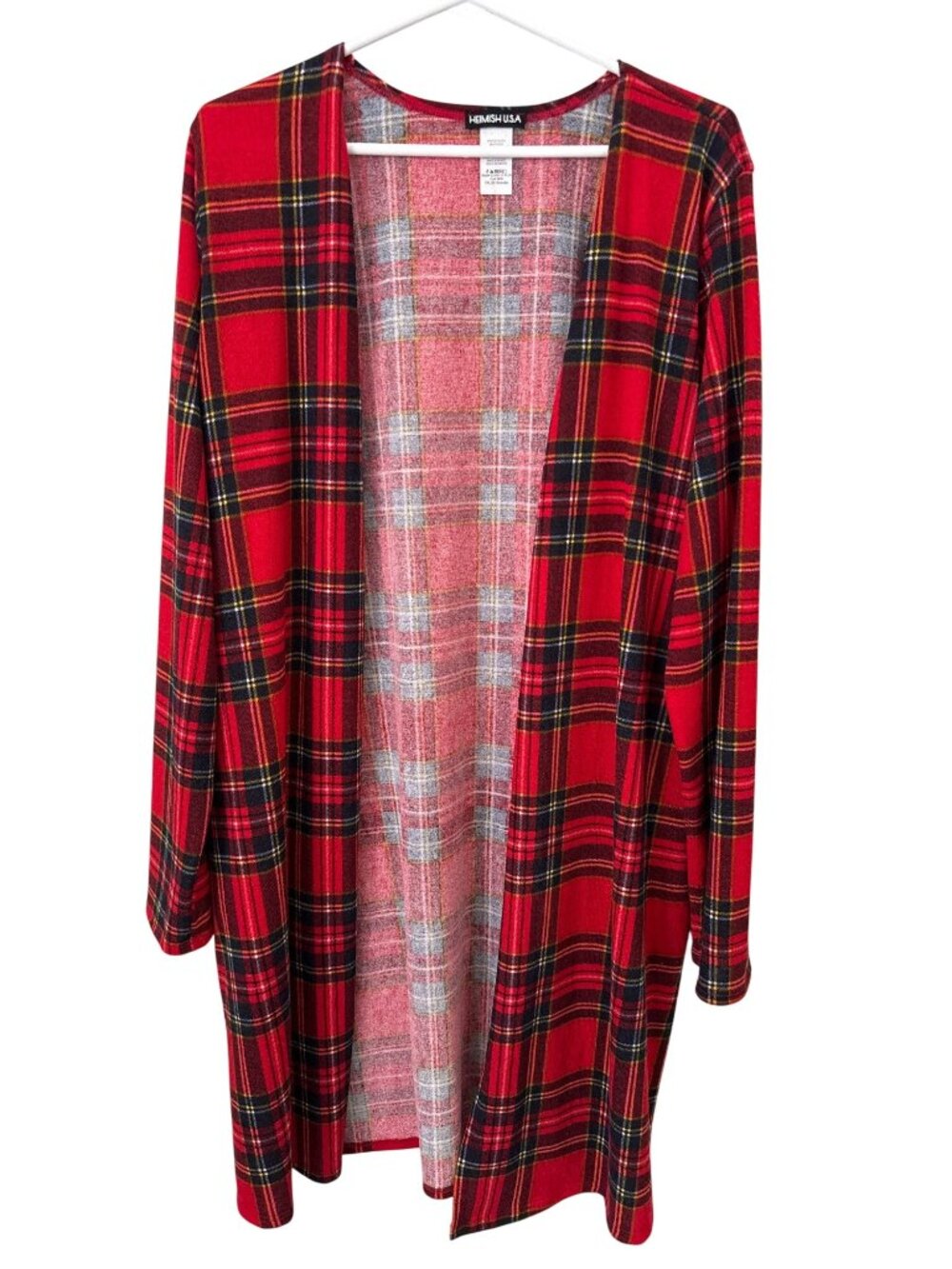 Hemish USA Cardigan Size 2XL Plaid Open Front Long Sleeve Red Black Holiday